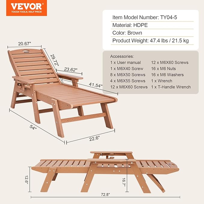 VEVOR Chaise Lounge Chair, 400 lbs Weight Capacity, 6 Positions Adjustable Patio Lounge Chair, Outdoor HDPE Lounge Chair with Backrest & Cup Holder, for Pool Poolside Deck Backyard Lawn, Brown
