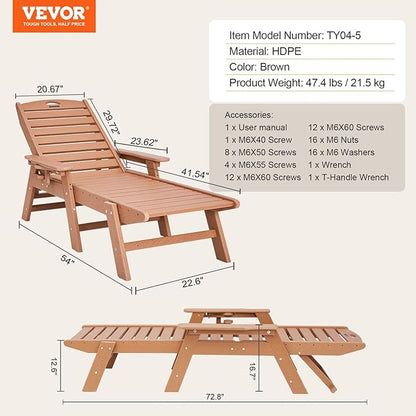 VEVOR Chaise Lounge Chair, 400 lbs Weight Capacity, 6 Positions Adjustable Patio Lounge Chair, Outdoor HDPE Lounge Chair with Backrest & Cup Holder, for Pool Poolside Deck Backyard Lawn, Brown