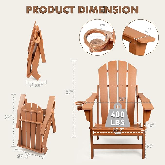 Folding Adirondack Chairs Set of 2, All Weather Stable Gun-Leg Design Fire Pit Chairs with Cupholder for Outside