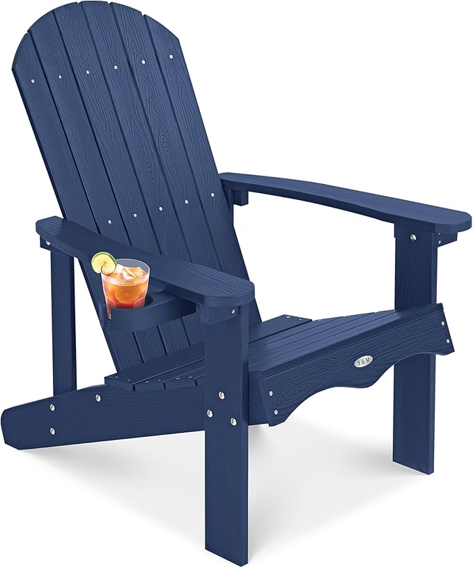 Y&M Adirondack Chair, Navy Blue Fire Pit Chairs, Outdoor Patio Chairs with Cup Holder, Weather Resistant HDPE Wooden Textured Patio Chairs, Perfect for Garden, Lawn, Deck, or Poolside