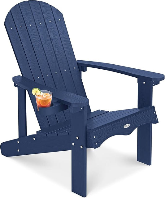 Y&M Adirondack Chair, Navy Blue Fire Pit Chairs, Outdoor Patio Chairs with Cup Holder, Weather Resistant HDPE Wooden Textured Patio Chairs, Perfect for Garden, Lawn, Deck, or Poolside