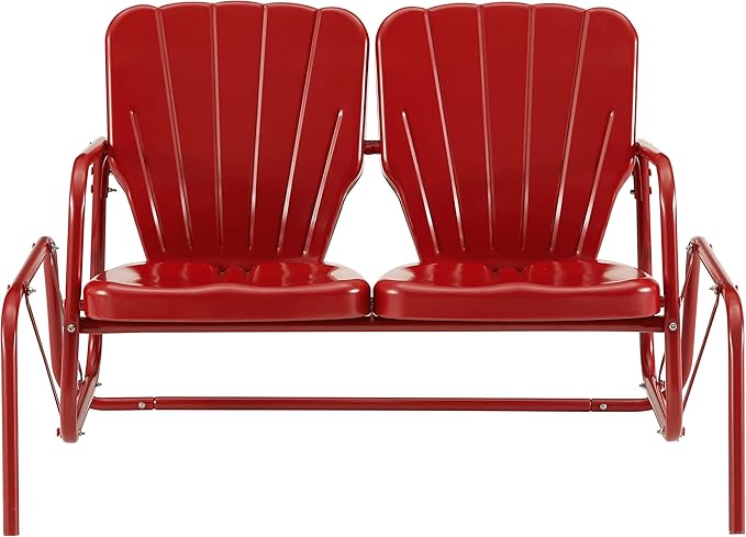 Crosley Furniture Ridgeland Retro Metal Outdoor Loveseat Glider, 2-Person Rocking Patio Bench for Porch, Bright Red Gloss