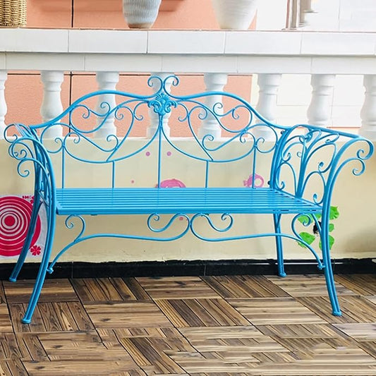 52" Outdoor Metal Garden Bench, Retro Patio Seating for 2, Comfortable Backrest & Armrests, Ideal for Yard, Porch, Lawn & Backyard (Blue)