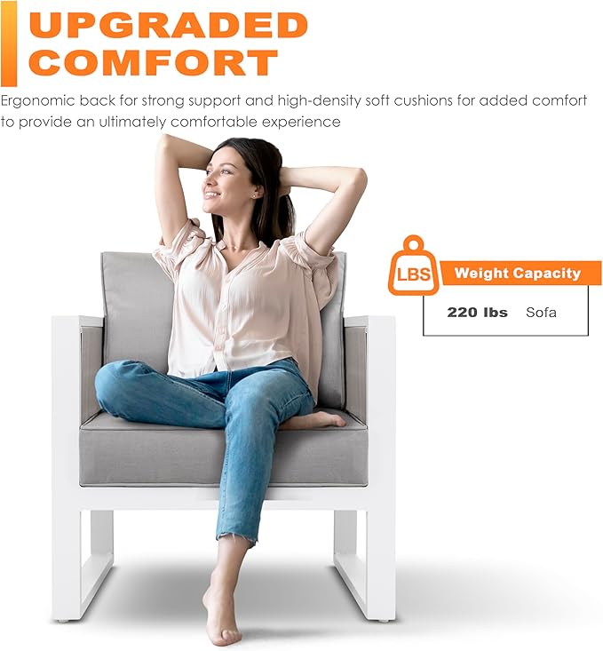 Outdoor Sofa Set, 18 Inch Square Slatted Side Table, 2 Armchairs, 4.7'' Thick Cushions and Pillows, Powder-Coated Aluminum and Imitation Wood Frame, Polyester Fabric, for Patio, Garden and Backyard