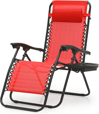 Magshion Zero Gravity Lounge Chair, Adjustable Folding Recliner with Cup Holder Side Tray & Removable Headrest Pillow, Portable Outdoor Patio Lounger for Camping, Beach, Lawn, Backyard, Red