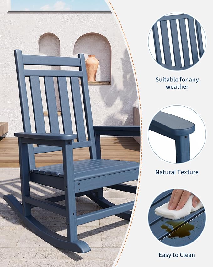 GarveeHome Adirondack Outdoor Rocking Chair, All Weather HDPE Plastic Patio Rocker Chair with Wide Armrests, Classic Fire Pit Chair for Porch, Deck, Lawn, Garde, 380LBs, Easy to Install, Navy Blue