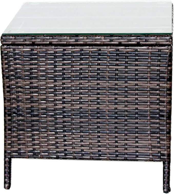 Rattan Wicker Side Table Glass Coffee Table for Outdoor Backyard Lawn Balcony Pool Square Tempered Glass Top Wicker Rattan End Table Furniture with Storage (Brown2)