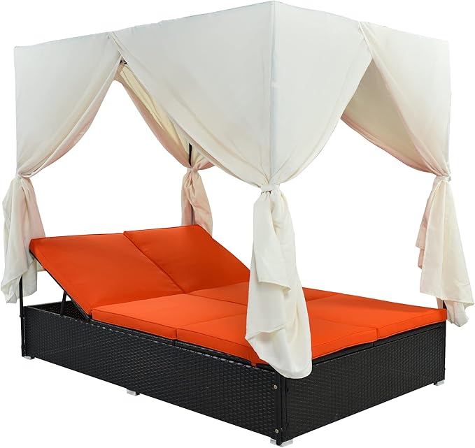 Patio Chaise Lounge, Outdoor Patio PE Rattan Wicker Sunbed Daybed with Orange Cushions - Photo 9