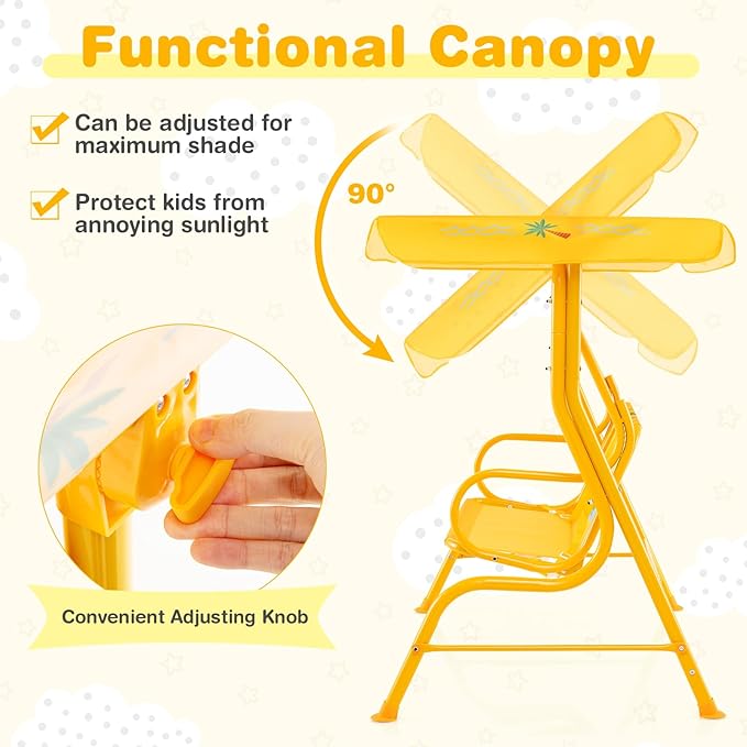 Costzon Kids Porch Swing, All-Weather Patio Swing Bench Hammock w/Adjustable Canopy & Safety Belts for 2 Children - Photo 2