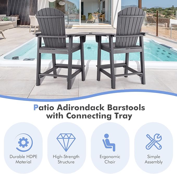 Giantex Tall Adirondack Chair Set of 2 - Outdoor HDPE Barstools w/Middle Connecting Tray & Umbrella Hole, Counter Height Bar Chair, Weather Resistant, Ideal for Patio, Backyard, Poolside (Grey)