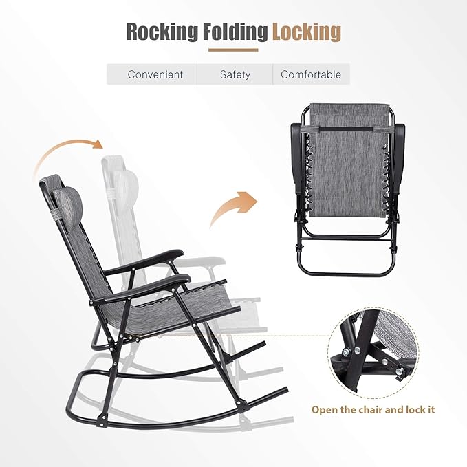 Flamaker Patio Rocking Chair Zero Gravity Chair Outdoor Folding Recliner Foldable Lounge Chair Outdoor Pool Chair for Patio, Poolside and Camping (Grey)
