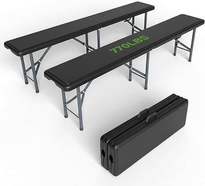 6FT Folding Bench - Heavy Duty 770lbs Capacity, Safety Locking Button & Wider Carrying Handle, Foldable Portable Bench for Outdoor, Picnic, Storage, Camping - Black, 2 Pack