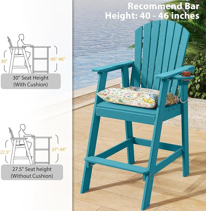 Sundale Outdoor Adirondack Bar Chairs Set of 2, Patio HDPE Bar Stools with Backrest, 30 Inch Seat Height Bistro Tall Dining Counter Barstools with Cushion, All-Weather Pub Height Chairs, Turquoise