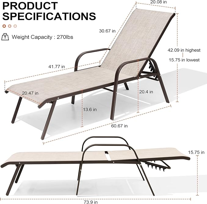 Crestlive Outdoor Chaise Lounge Chair, 5-Position Pool Lounge Chairs with Armrests Sunbathing Recliner for Patio, Beach - Photo 2