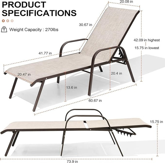 Crestlive Outdoor Chaise Lounge Chair,5-Position Pool Lounge Chairs with Armrests Sunbathing Recliner for Patio,Beach,Deck,Yard (2PC Beige)