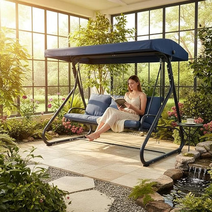 3-Seat Outdoor Convertible Swing Glider with Adjustable Canopy, 2-in-1 Bench to Flat Bed, Removable Cushions, Heavy-Duty Metal Frame, 750 LBS Weight Capacity for Patio, Backyard, Porch, Garden,Blue