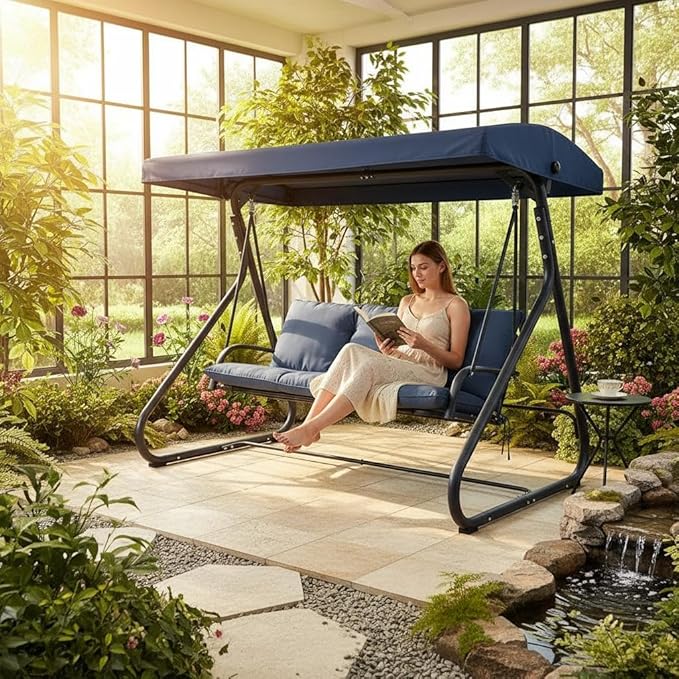 3-Seat Outdoor Convertible Swing Glider with Adjustable Canopy, 2-in-1 Bench to Flat Bed, Removable Cushions - Photo 9
