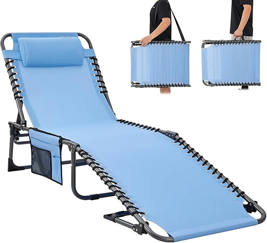 #WEJOY Folding Outdoor Chaise Lounge Chair, Adjustable Lightweight Portable Beach Lounge Chair for Patio, Pool, Lawn, Deck, Sunbathing, Camping Reclinging Chair with Pillow Side Pocket, Lightblue