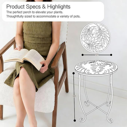 Outdoor Side Table 15 Inch Tall, Tool-Free Metal Patio End Table with Monstera Design, Space Saving Round Stand for Porch Balcony Garden (Monstera)