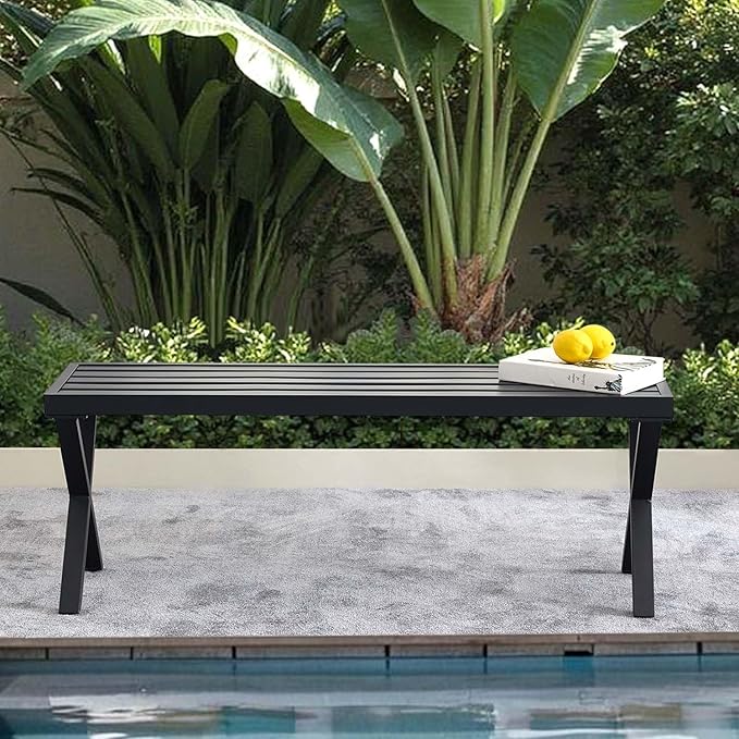 Metal Garden Bench for Outdoors, Black Outdoor Benches Slats for Patio, Patio Backless Bench with Cross Leg,Dining Bench for Porch, Lawn, Balcony, Backyard and Park