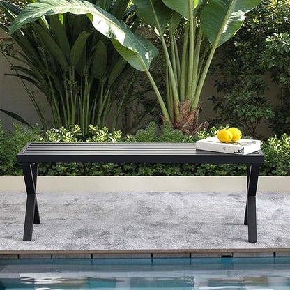 Metal Garden Bench for Outdoors, Black Outdoor Benches Slats for Patio, Patio Backless Bench with Cross Leg,Dining Bench for Porch, Lawn, Balcony, Backyard and Park