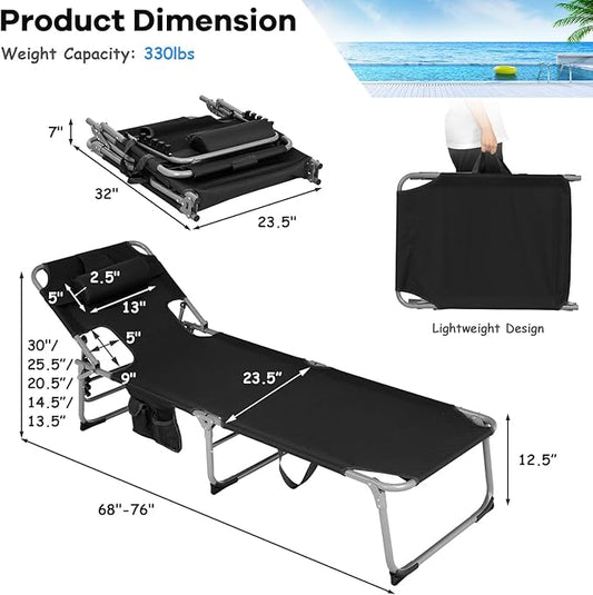 GYMAX Tanning Chair, Folding Beach Lounger with Face Arm Hole, Adjustable Backrest, Side Pocket, Pillow & Carry Handle, Outside Sunbathing Lounge Chair for Patio, Poolside, Lawn (2, Black)