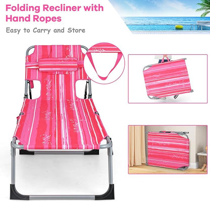 GYMAX Tanning Chair, Folding Beach Lounger with Face Arm Hole, Adjustable Backrest, Side Pocket & Carry Handle, Outside Sunbathing Lounge Chair for Patio, Poolside, Lawn (2, Pink Stripe)