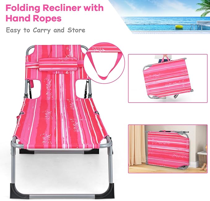 GYMAX Tanning Chair, Folding Beach Lounger with Face Arm Hole, Adjustable Backrest, Side Pocket & Carry Handle, Outside Sunbathing Lounge Chair for Patio, Poolside, Lawn (1, Pink Stripe)