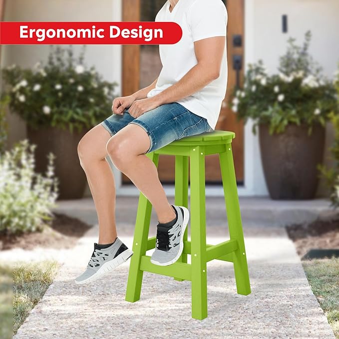 Costaelm 24" Height Outdoor Bar Stools, All-Weather Bar Stools, Adirondack Poly Patio Round Bar Stool for Patio, Deck, Kitchen Counter and Garden, Lime