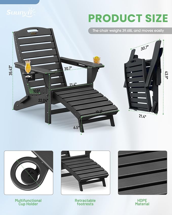 Folding Adirondack Chair with Retractable Ottoman Weather Resistant Fire Pit Chair Patio Chair with 2 Cup Holder Lawn - Photo 4