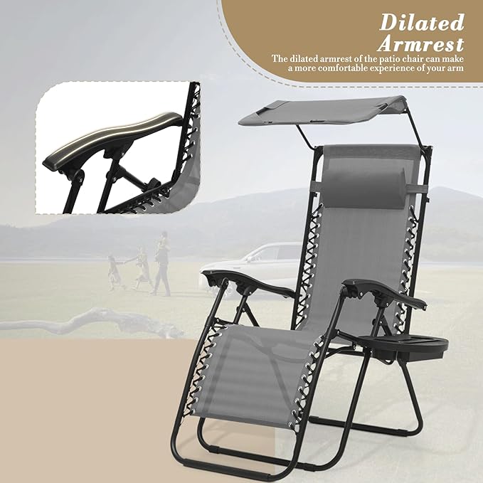 Athena Collection Zero Gravity Outdoor Lounge Chair Set of 2 with Canopy Shade, 25" Width Pool Lounge Lawn Chairs Reclining with Cup Holder, Outdoor Chaise for Beach Patio Outside, Grey