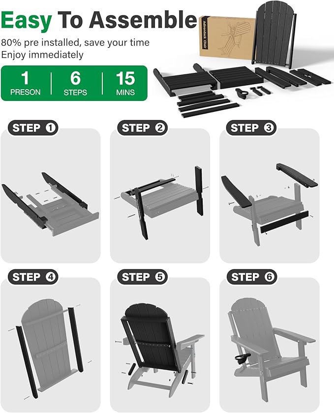 YEFU Folding Adirondack Chairs with Ottoman: Adjustable Backrest & 1 Cup Holders - HDEP Plastic Multifunctional Adirondack Chair with Footrest - All Weather for Outdoor/Patio/Fire Pit/Pool(Black)