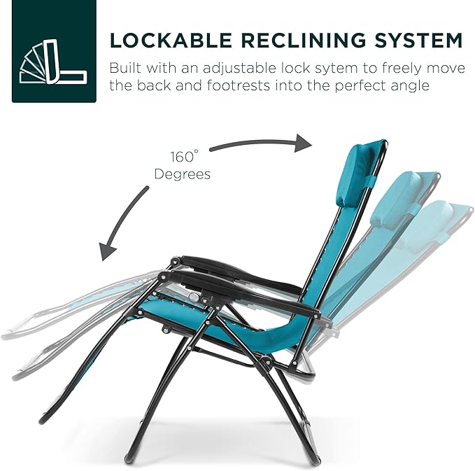 Best Choice Products Oversized Zero Gravity Chair, Folding Outdoor Patio Lounge Recliner w/Cup Holder Accessory Tray, Pillow - Peacock Blue