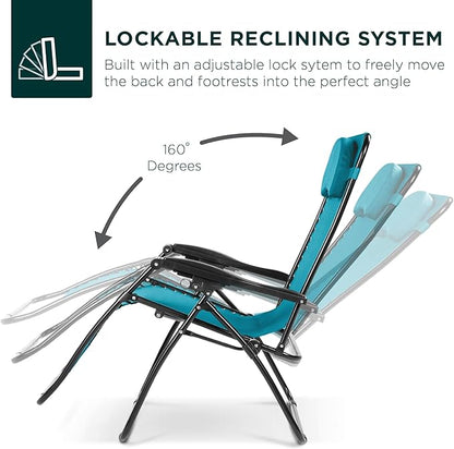 Best Choice Products Oversized Zero Gravity Chair, Folding Outdoor Patio Lounge Recliner w/Cup Holder Accessory Tray, Pillow - Peacock Blue