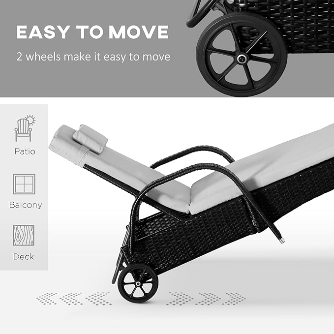 Outsunny Wicker Outdoor Chaise Lounge Chair Set of 3 with Side Table, 5-Level Adjustable Backrest PE Rattan Pool Lounge Chair with Wheels, Cushion & Headrest, Black and Cream White