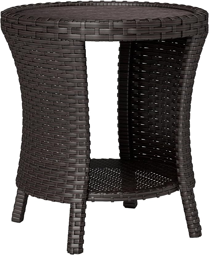 Outsunny 18" Outdoor Wicker Coffee Table, 2-Tier Patio Side Table with Storage, PE Rattan Outdoor Coffee Table with Composite Wood Top, Steel Frame for Garden Backyard Balcony, Mixed Brown