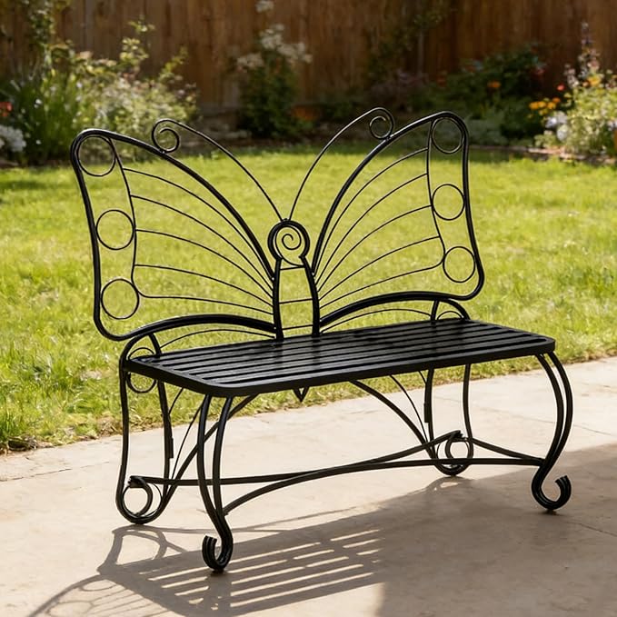 Small Metal Butterfly Garden Bench, Outdoor Benches Weatherproof, Patio Porch Bench for Outdoors, Outdoor Butterfly Chair Armless for Front Porch/Yard/Entryway (Black)