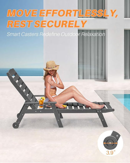 HDPE Patio Lounge Chair Set of 2, 78.4'' Outdoor Poly Lounge Chairs, 5-Position Adjustable Outdoor Lounger with Wheels & Cup Holder, HDPE Patio Chaise Lounges for Backyard, Deck, Smoke Gray