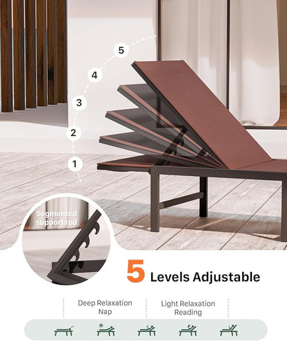 Chaise Lounge Chair Outdoor, Aluminum PatioChairs with 5 Adjustable Backrest and HeadrestPillows for Outside Beach，Brown