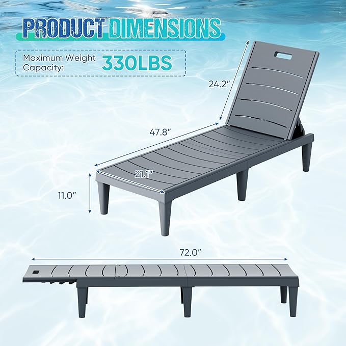 Greesum Outdoor Chaise Lounge Chair Set of 2, Waterproof 5-Position Adjustable PP Sun Loungers for Patio, Poolside, and Beach Sunbathing, Gray