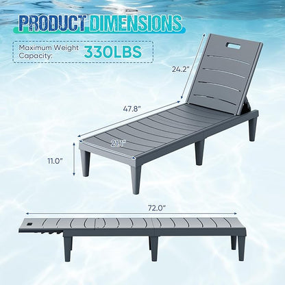Greesum Outdoor Chaise Lounge Chair Set of 2, Waterproof 5-Position Adjustable PP Sun Loungers for Patio, Poolside, and Beach Sunbathing, Gray