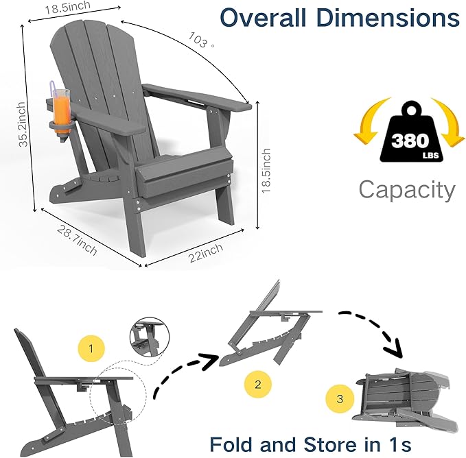 Foldable Adirondack Chair with Cup Holder-Heavy Duty Recycled HDPE Outdoor Patio Furniture, Weather Resistant Deck Lawn Fire Pit Chair (Gray, 2 Chair)