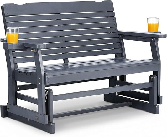 Outvita Patio Glider with Cup Holders, Wooden Outdoor Glider Bench with High Roll Back & Deep Contoured Seat, Smooth Porch Glider Loveseat Heavy Duty 800 Lbs, Gray