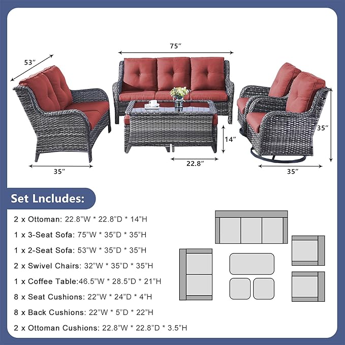 Rilyson Wicker Patio Furniture Set - 7 Piece Rattan Outdoor Sectional Conversation Sets with 2 Rocking Swivel Chairs - Photo 2