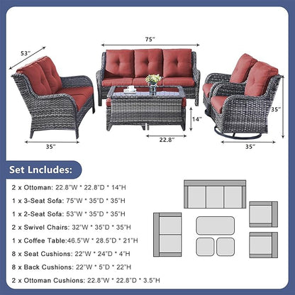 Rilyson Wicker Patio Furniture Set - 7 Piece Rattan Outdoor Sectional Conversation Sets with 2 Rocking Swivel Chairs,2 Ottomans,1 Sofa,1 Loveseat and 1 Coffee Table for Porch Deck(Mixed Grey/Red)