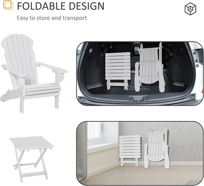 Outsunny 3-Piece Folding Adirondack Chair with Ottoman and Side Table, Outdoor Wooden Fire Pit Chairs w/High-Back, Wide Armrests for Patio, Backyard, Garden, Lawn Furniture, White