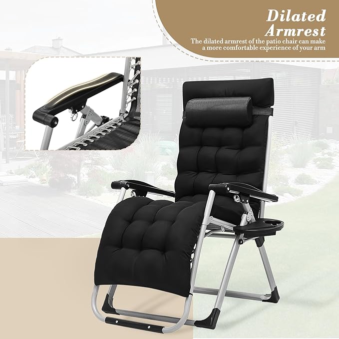 Athena Collection 3 in 1 Patio Lounge Chair Foldable Camping Chair with Headrest Chaise Lounge Nap Chair with Removable Thick Cushion Reclining Beach Sleeping Chair for Indoor and Outdoor, Black