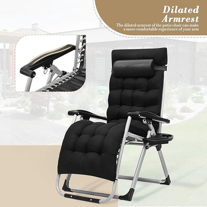 Athena Collection 3 in 1 Patio Lounge Chair Foldable Camping Chair with Headrest Chaise Lounge Nap Chair with Removable Thick Cushion Reclining Beach Sleeping Chair for Indoor and Outdoor, Black