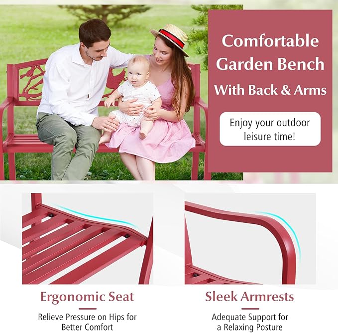 Tangkula Metal Outdoor Garden Bench Park Bench, Patio Bench with Bird & Twig Cast Iron Back Pattern, Heavy-Duty Patio Chair with Back & Arms, Seats 2-3 Persons, for Porch, Yard, Park, Lawn, Porch