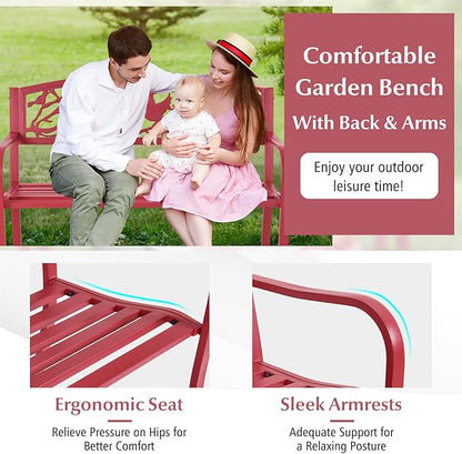Tangkula Metal Outdoor Garden Bench Park Bench, Patio Bench with Bird & Twig Cast Iron Back Pattern, Heavy-Duty Patio Chair with Back & Arms, Seats 2-3 Persons, for Porch, Yard, Park, Lawn, Porch